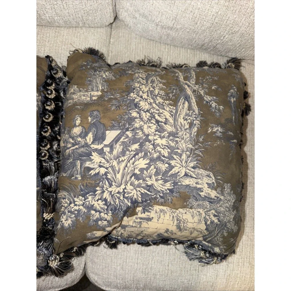 French Country Toile de Jouy Pillows Navy Cream Frill French Country 14x14